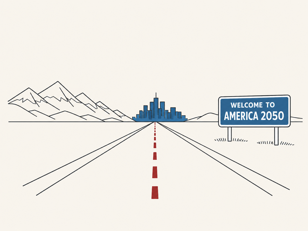 Line-art illustration of an open road leading toward a distant city skyline, snow-capped mountains to the left, and a highway sign reading Welcome to America 2050.